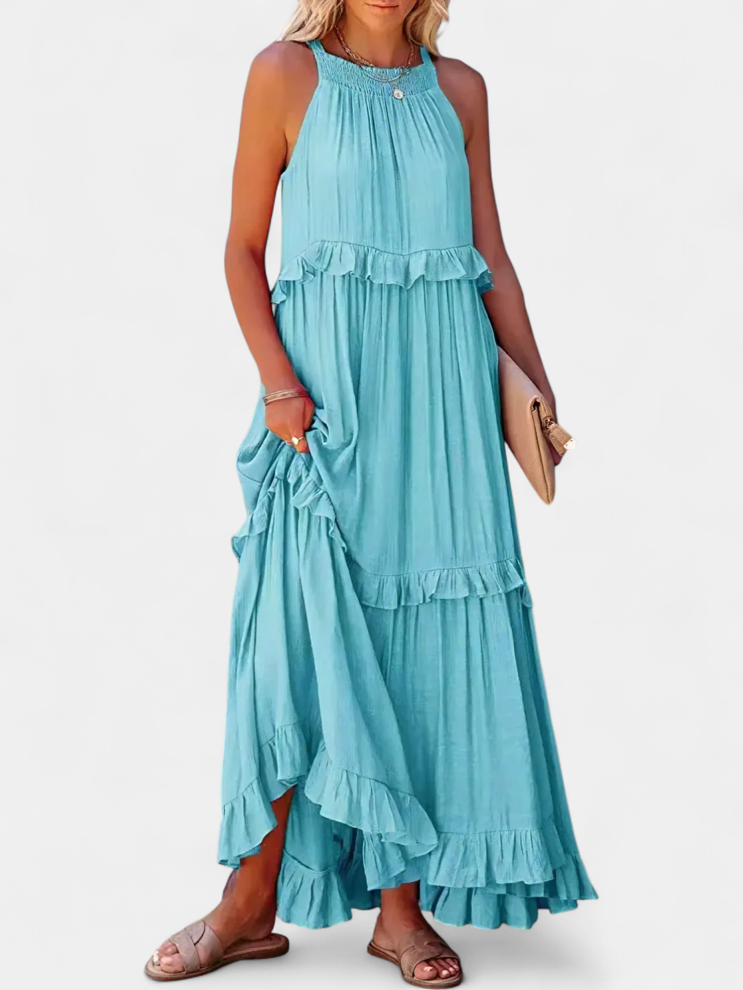 Cherry Flow Flutter Maxi Dress in sky blue