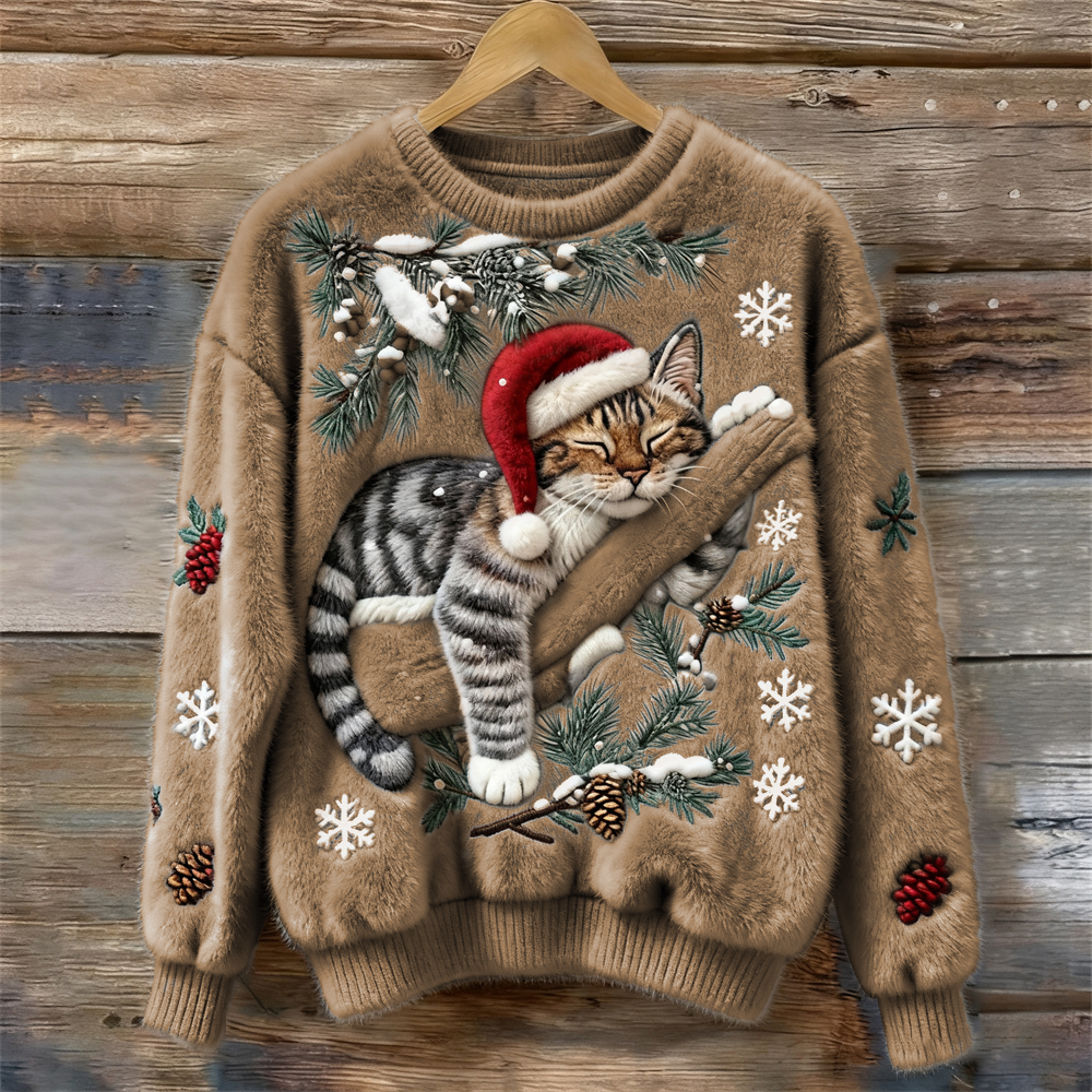 Maela Christmas Sweater with Kitten in khaki