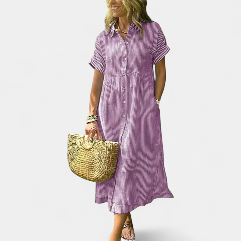 Andrea Striped Summer Midi Dress in purple
