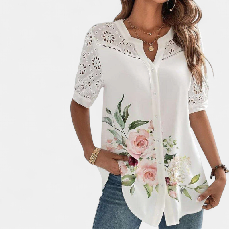 Annelise Lace Printed Blouse in big pink flowers