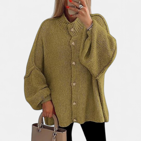 Olivia Women Chunky Knit Button in olive green