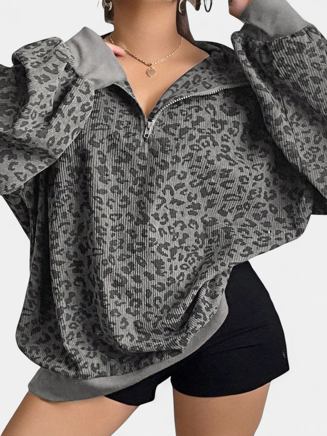 Savannah Leopard Print Zip-up Sweatshirt in grey
