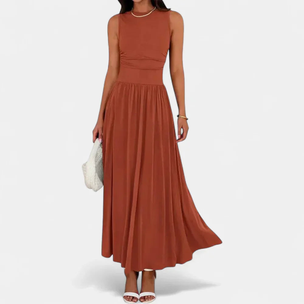 Barbara Sleeveless Summer Maxi Dress in brick red