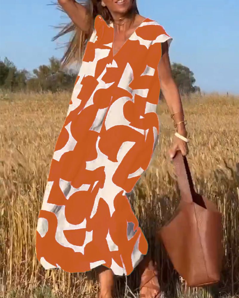 Amelia Printed V-neck Dress in orange