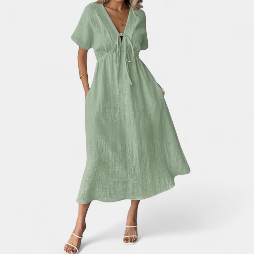 Bonnie V-neck Drawstring Beach Dress in army green