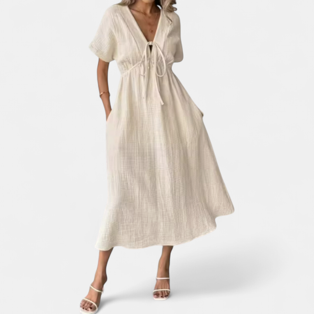 Bonnie V-neck Drawstring Beach Dress in beige