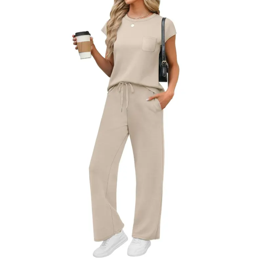 Harlie Cap Sleeve Lounge Set in beige