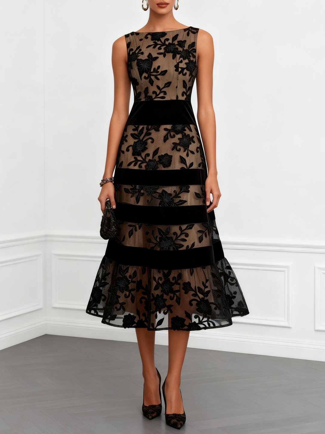 Black Mesh Floral Sleeveless A-line in black