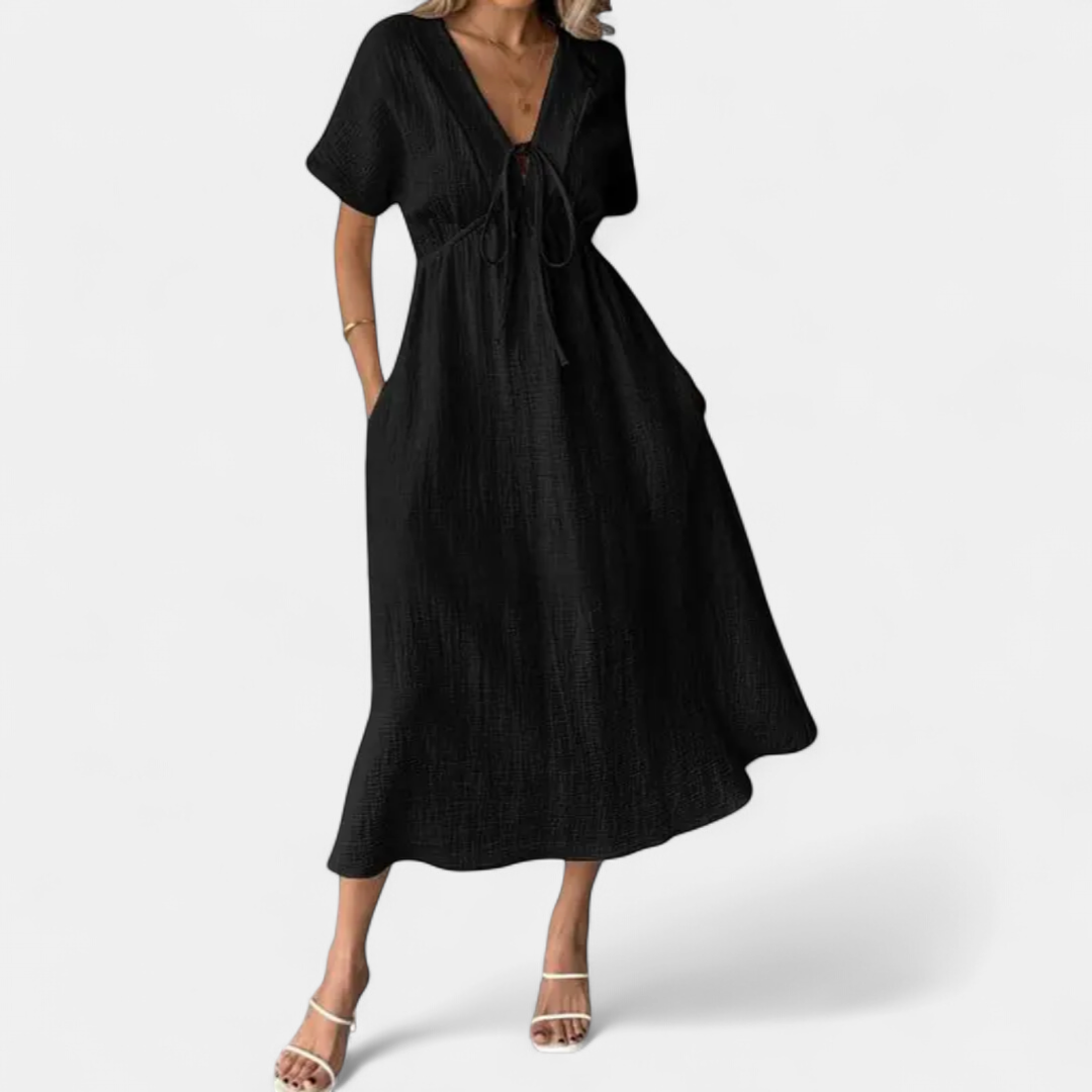 Bonnie V-neck Drawstring Beach Dress in black