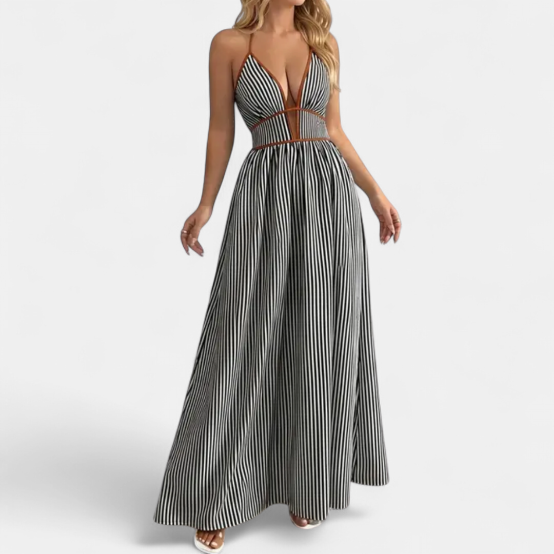 Caspienne Striped V-neck Halter Maxi in black