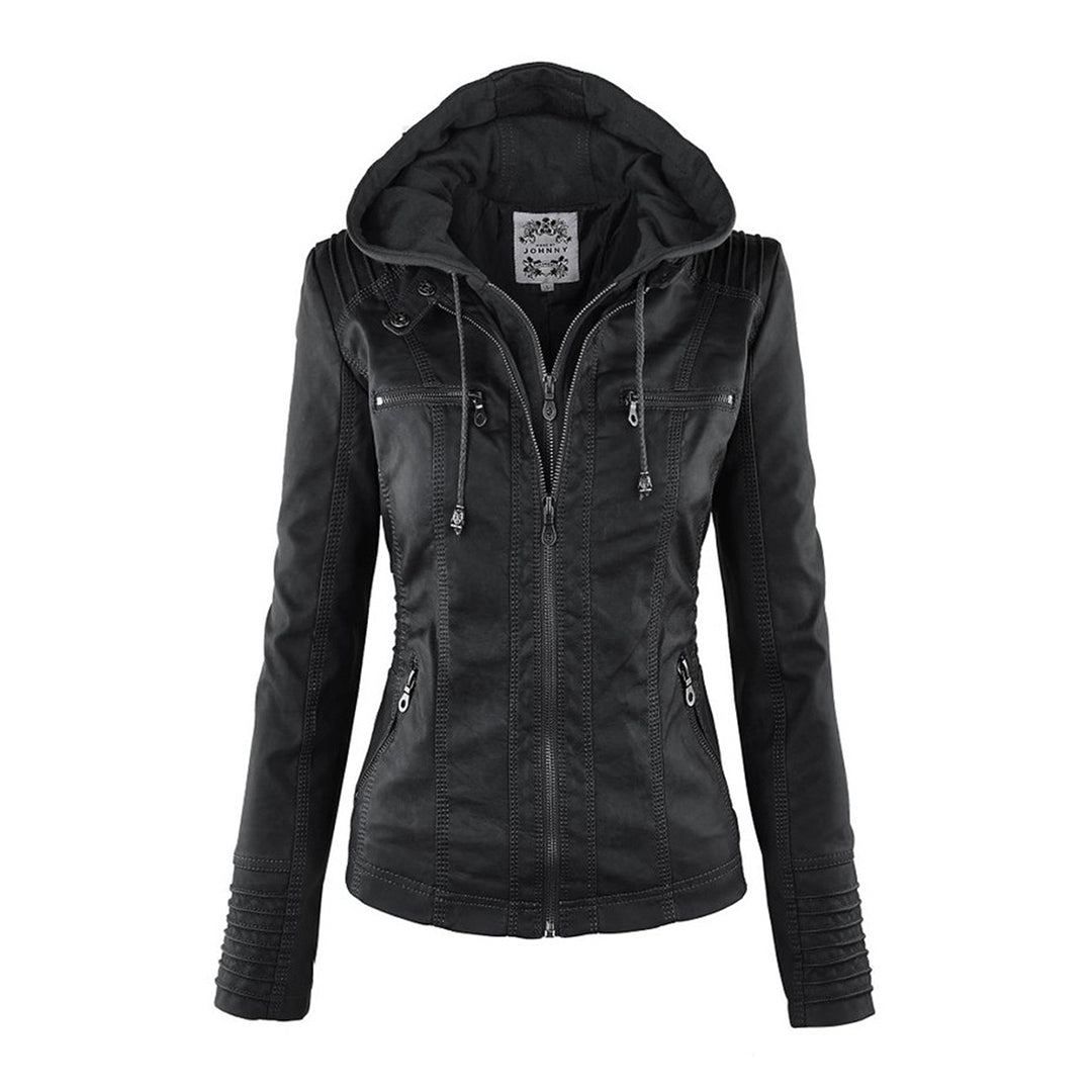 Cecille Leather Jacket with Hood in black