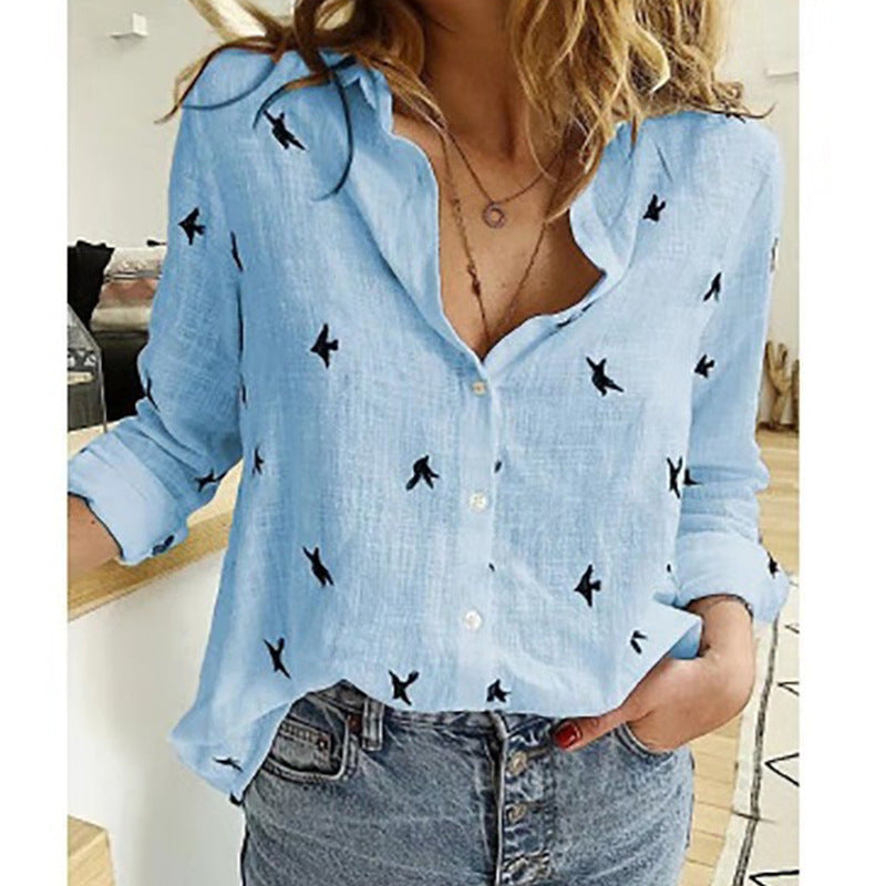 Wren Linen Summer Blouse in blue/birds