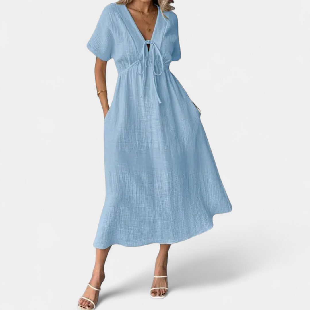 Bonnie V-neck Drawstring Beach Dress in blue