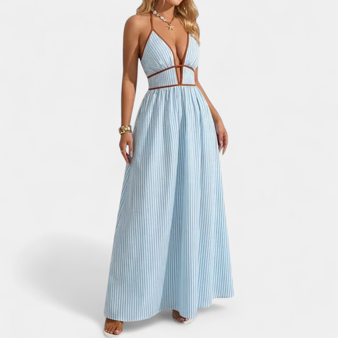 Caspienne Striped V-neck Halter Maxi in blue