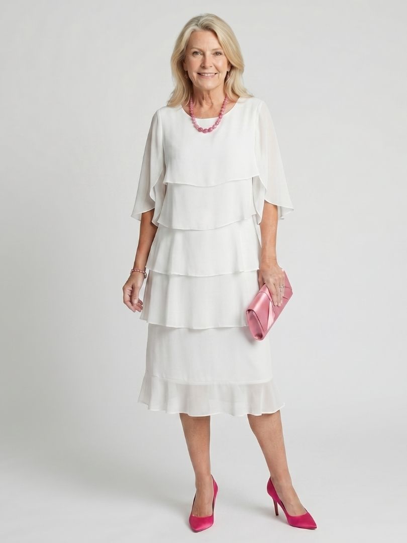 Brent Layered Tier Midi Dress in white
