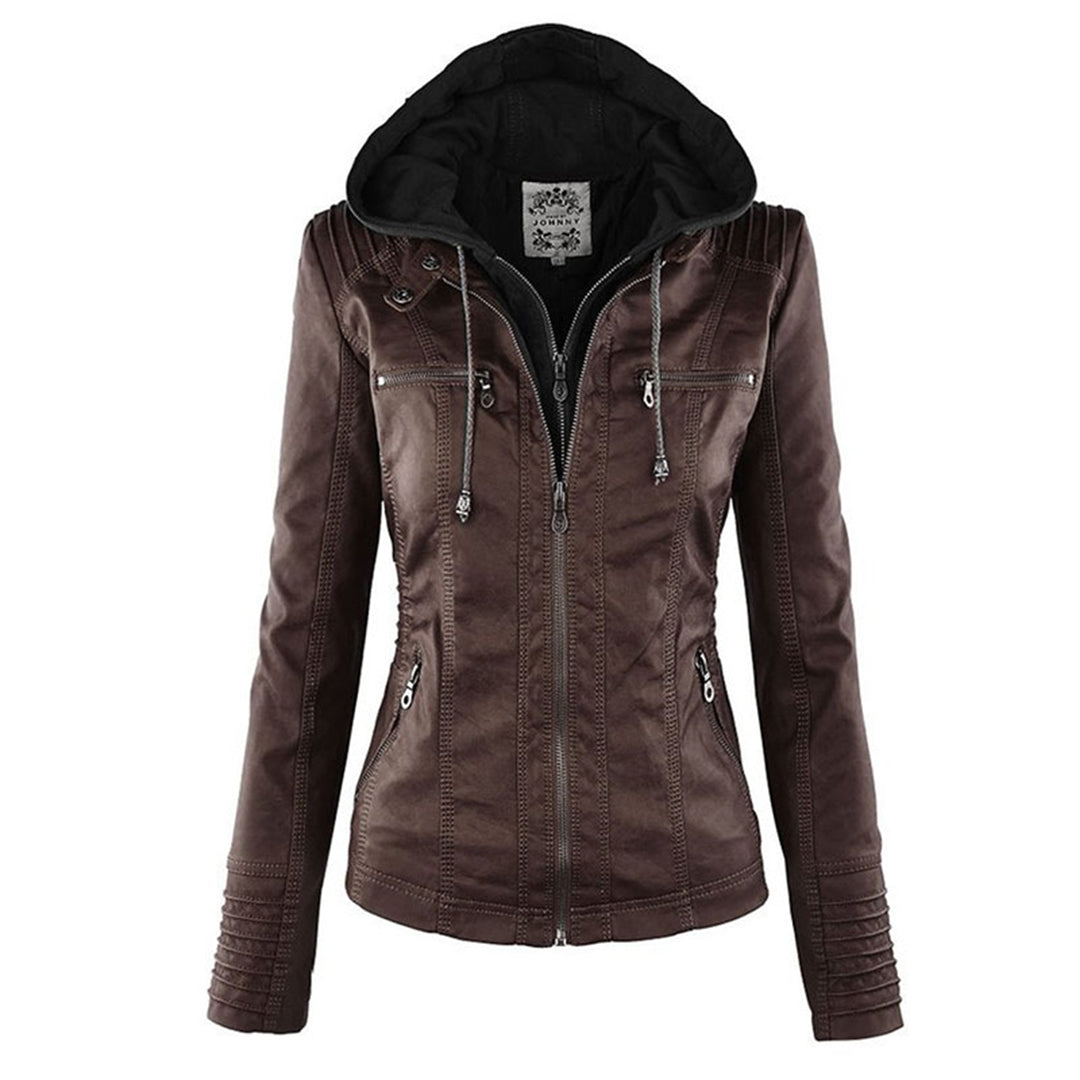 Cecille Leather Jacket with Hood in brown