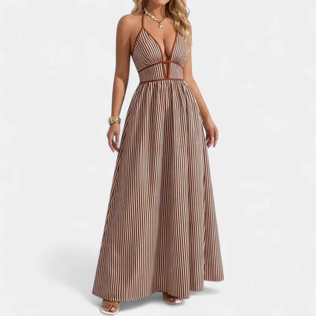 Caspienne Striped V-neck Halter Maxi in brown