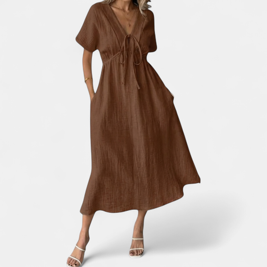 Bonnie V-neck Drawstring Beach Dress in brown