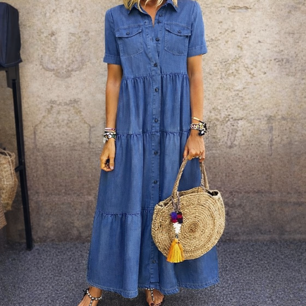 Elizabeth Button-front Midi Dress in blue