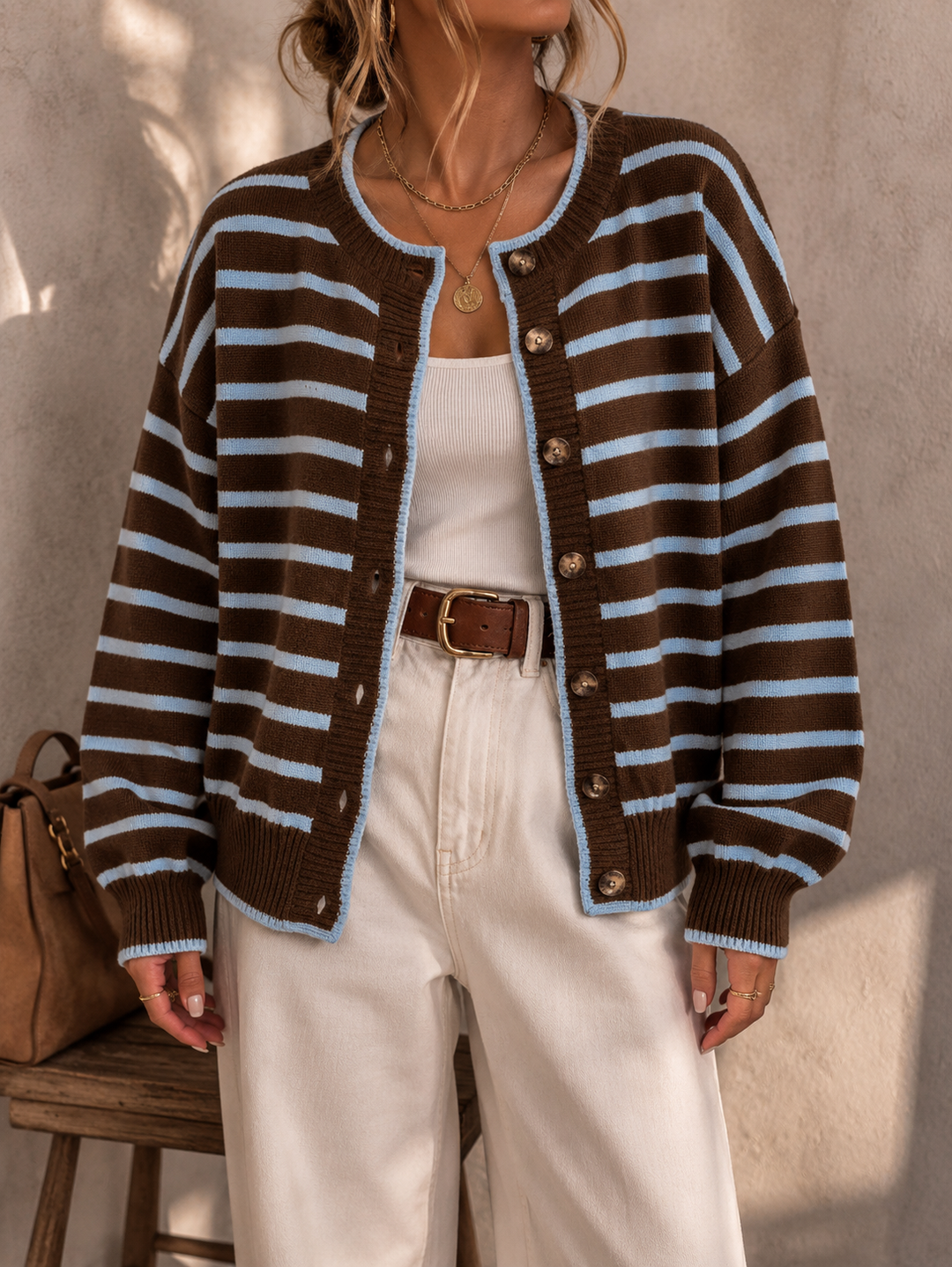 Mabel Striped Knit Cardigan in brown baby blue