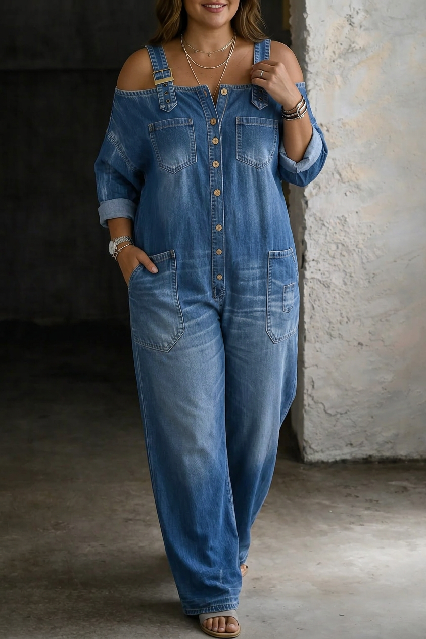 Rosalind Off Shoulder Denim Jumpsuit in multicolor
