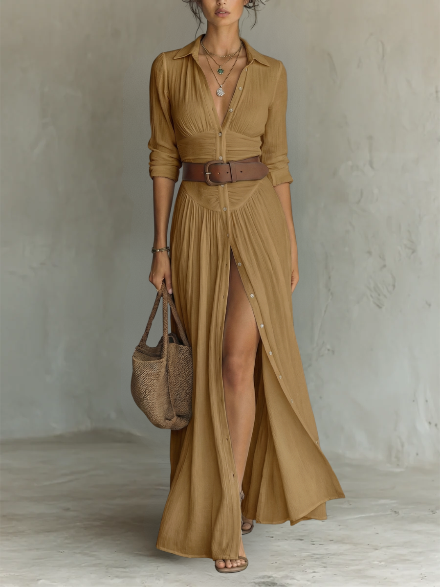 Pamela Pleated Maxi Shirt Dress in brown
