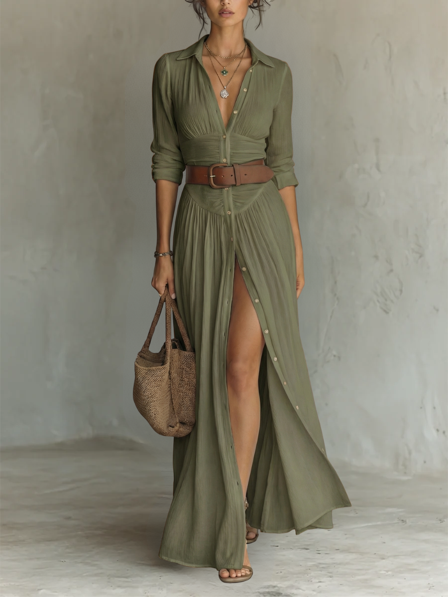 Pamela Pleated Maxi Shirt Dress in green