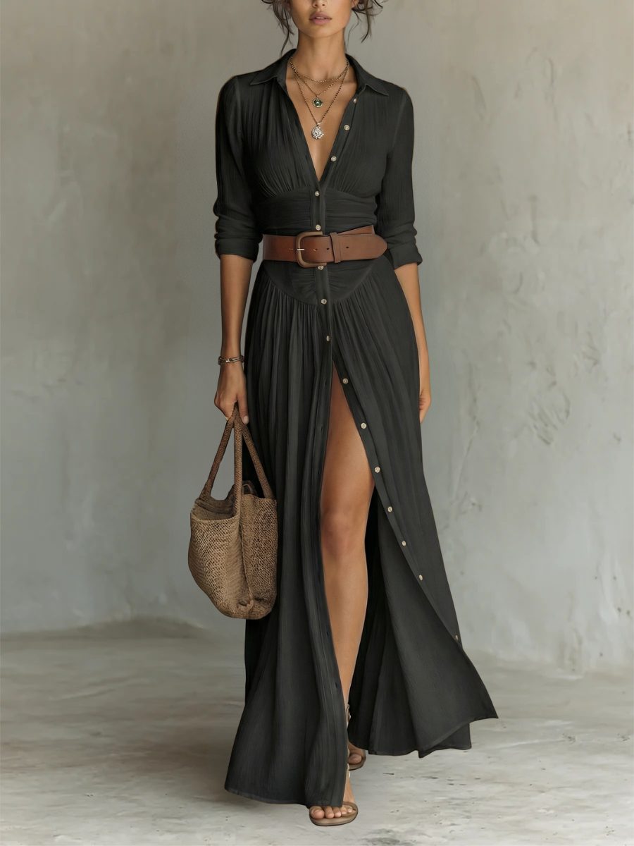 Pamela Pleated Maxi Shirt Dress in black