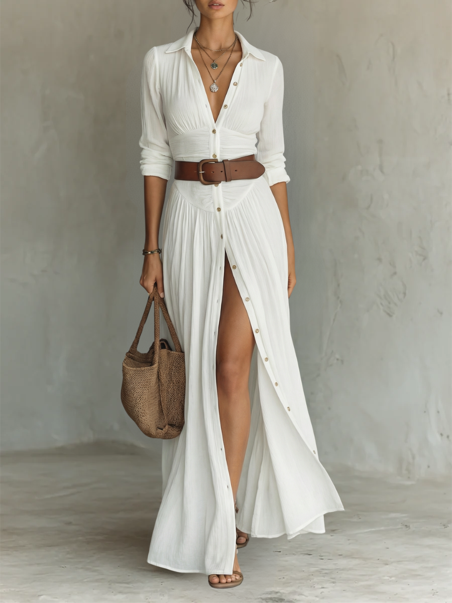 Pamela Pleated Maxi Shirt Dress in white