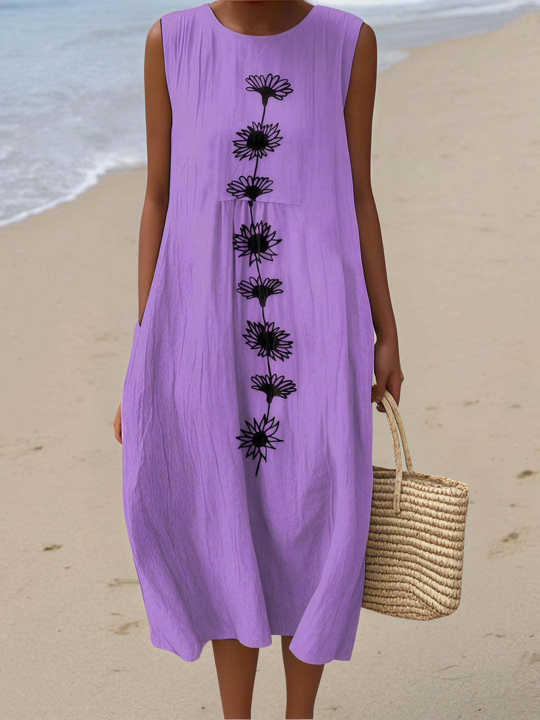 Francesca Sleeveless Summer Dress in lavender/black daisy