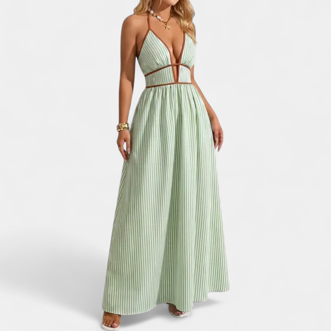Caspienne Striped V-neck Halter Maxi in green