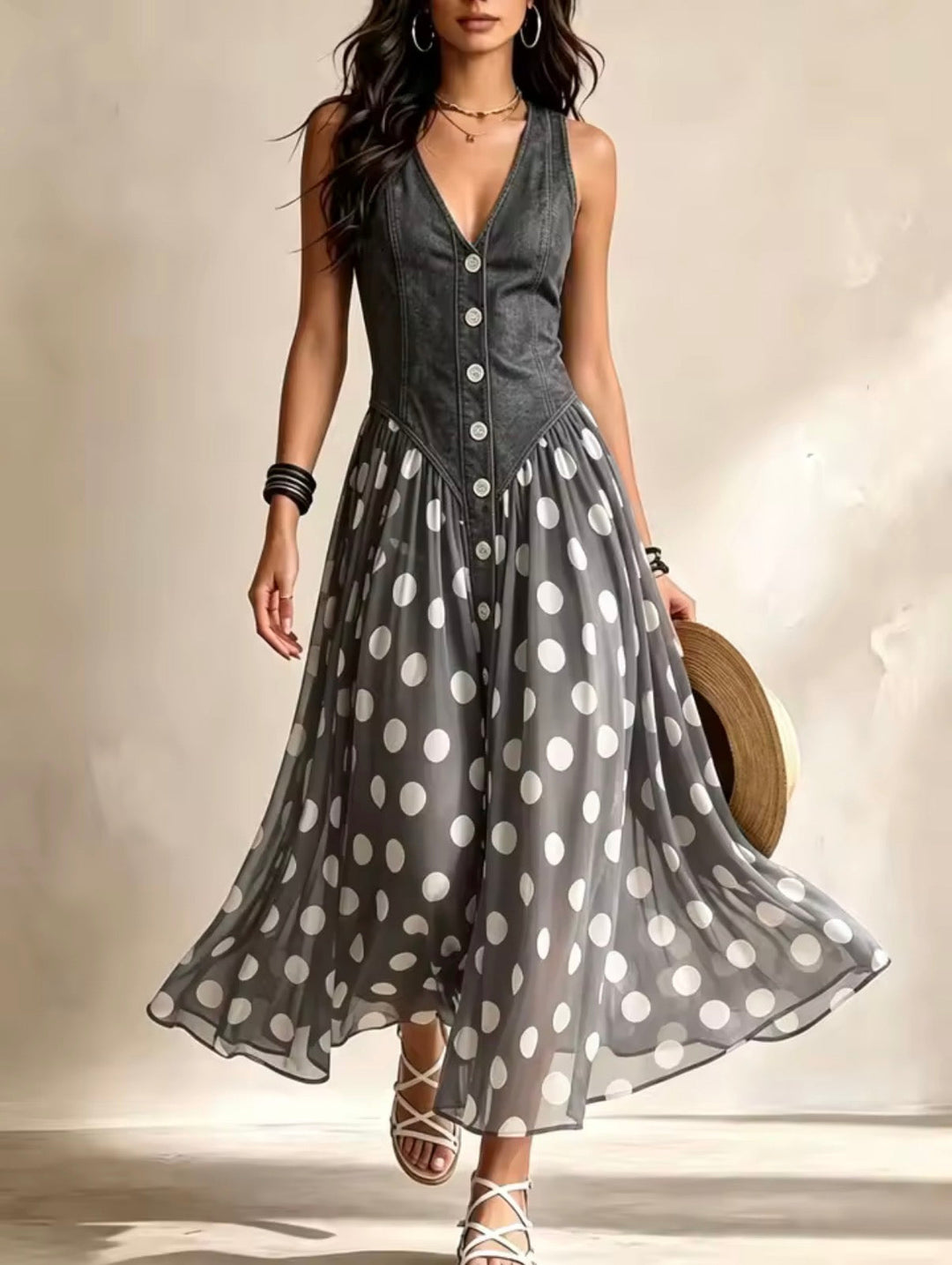 Bianca Polka Dot Midi Dress in grey