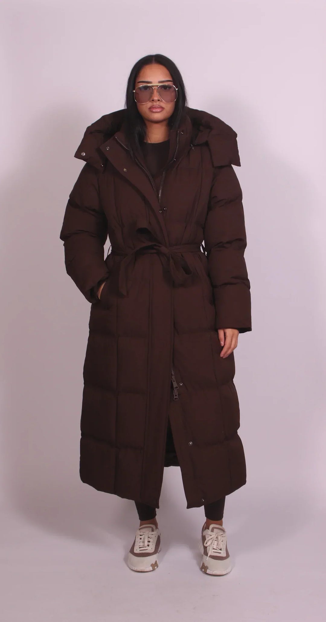 Kelly Long Belted Puffer Coat in brown