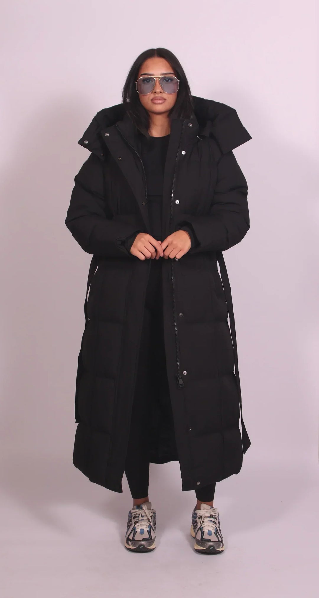 Kelly Long Belted Puffer Coat in black