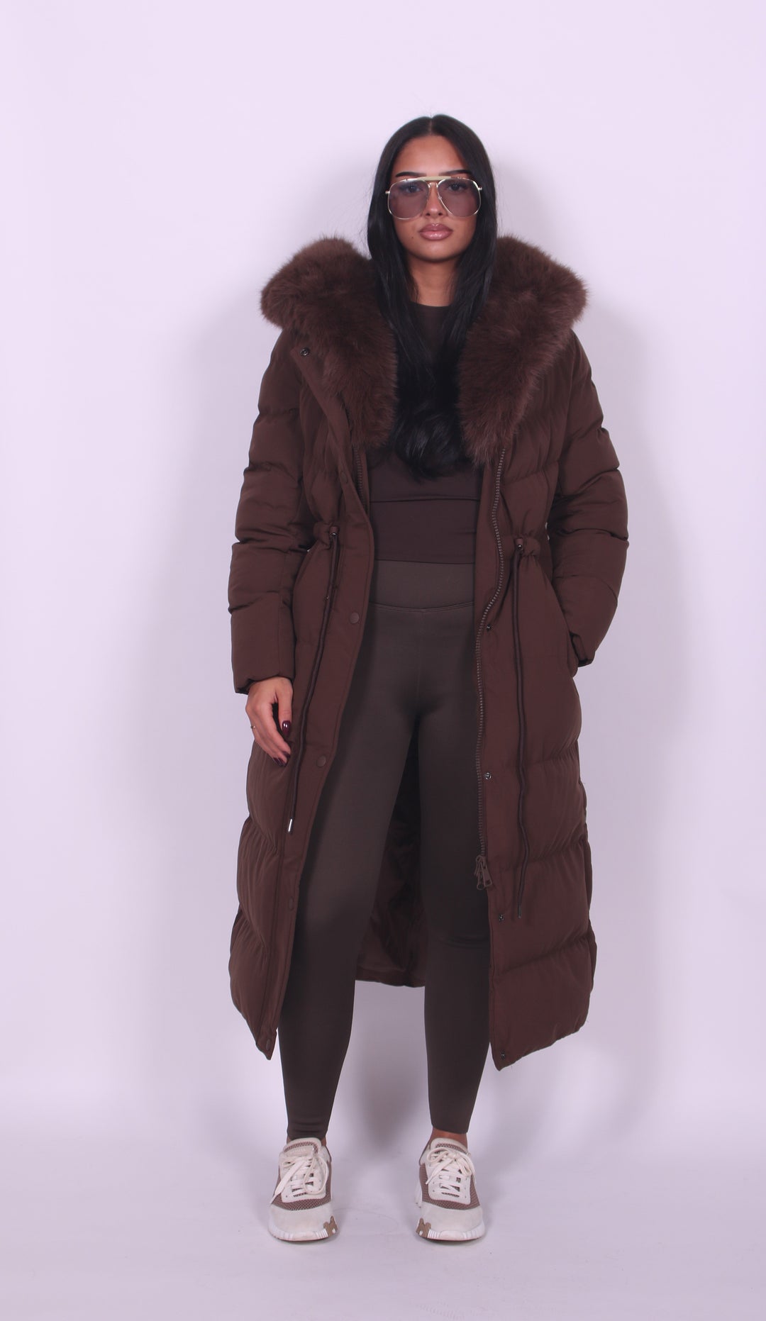 Alissa Fur Hooded Longline in brown