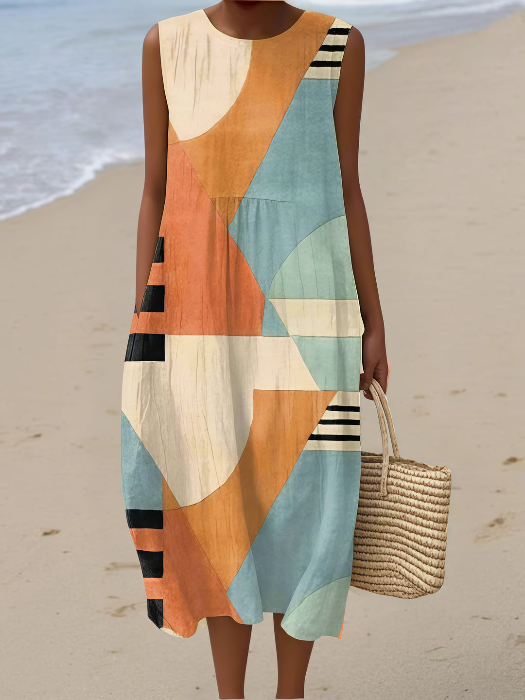 Francesca Sleeveless Summer Dress in teal/orange abstract