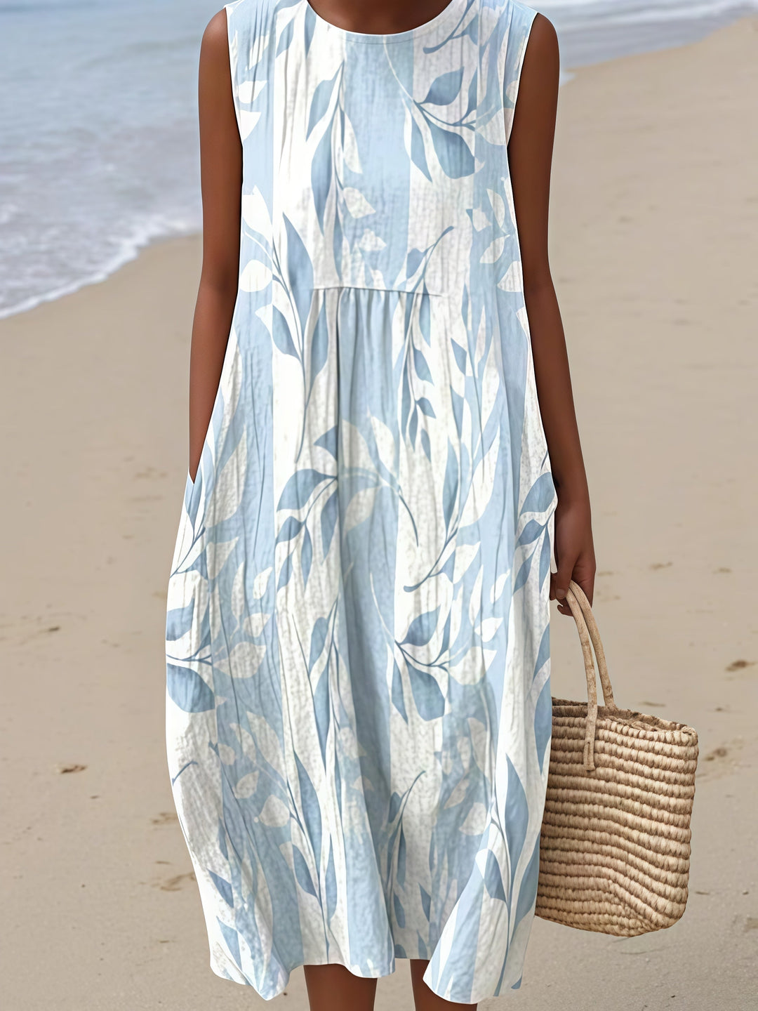 Francesca Sleeveless Summer Dress in blue/white leaf