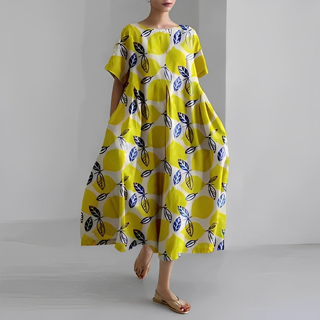 Celia Garden Goddess Dress in yellow lemons