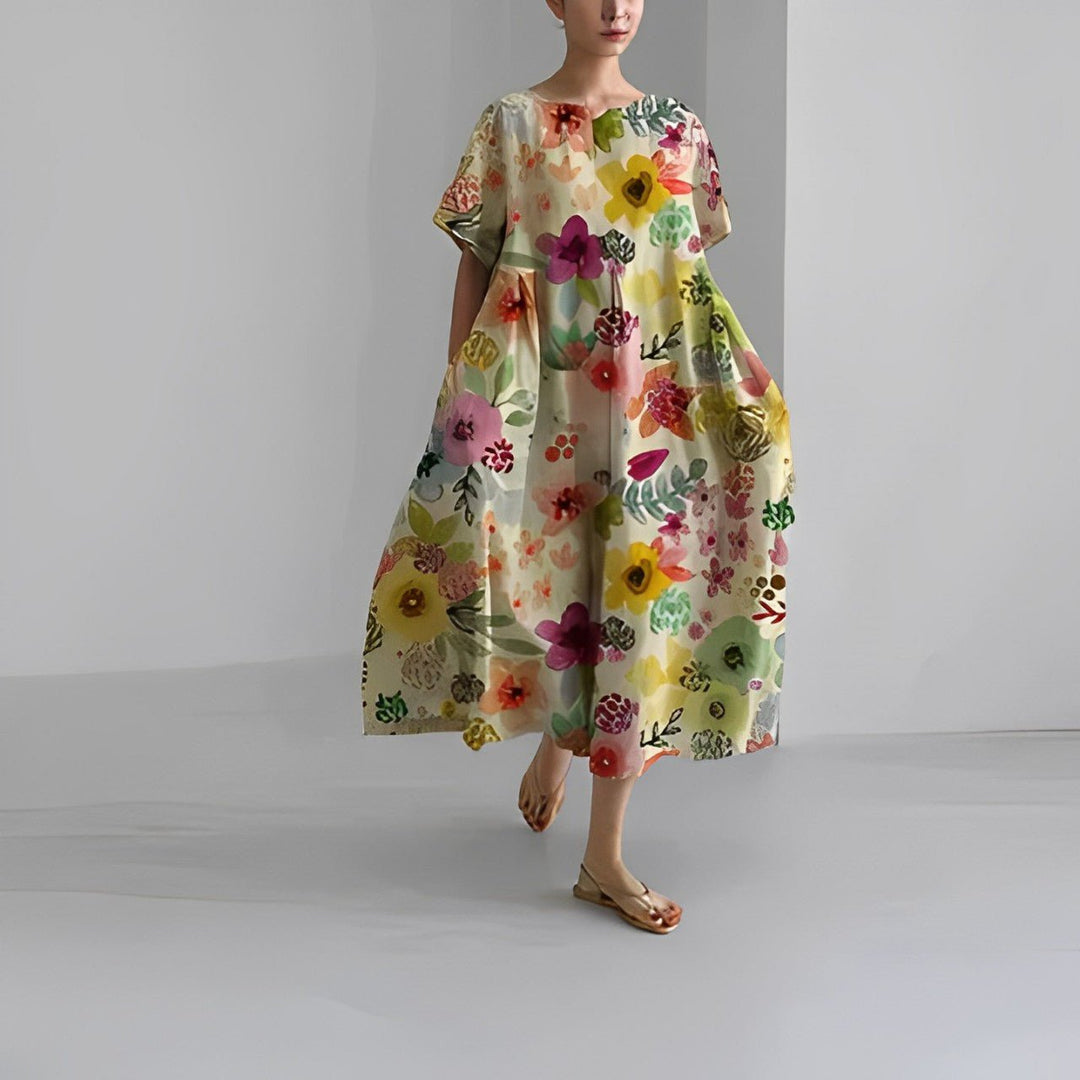 Celia Garden Goddess Dress in colorful flowers