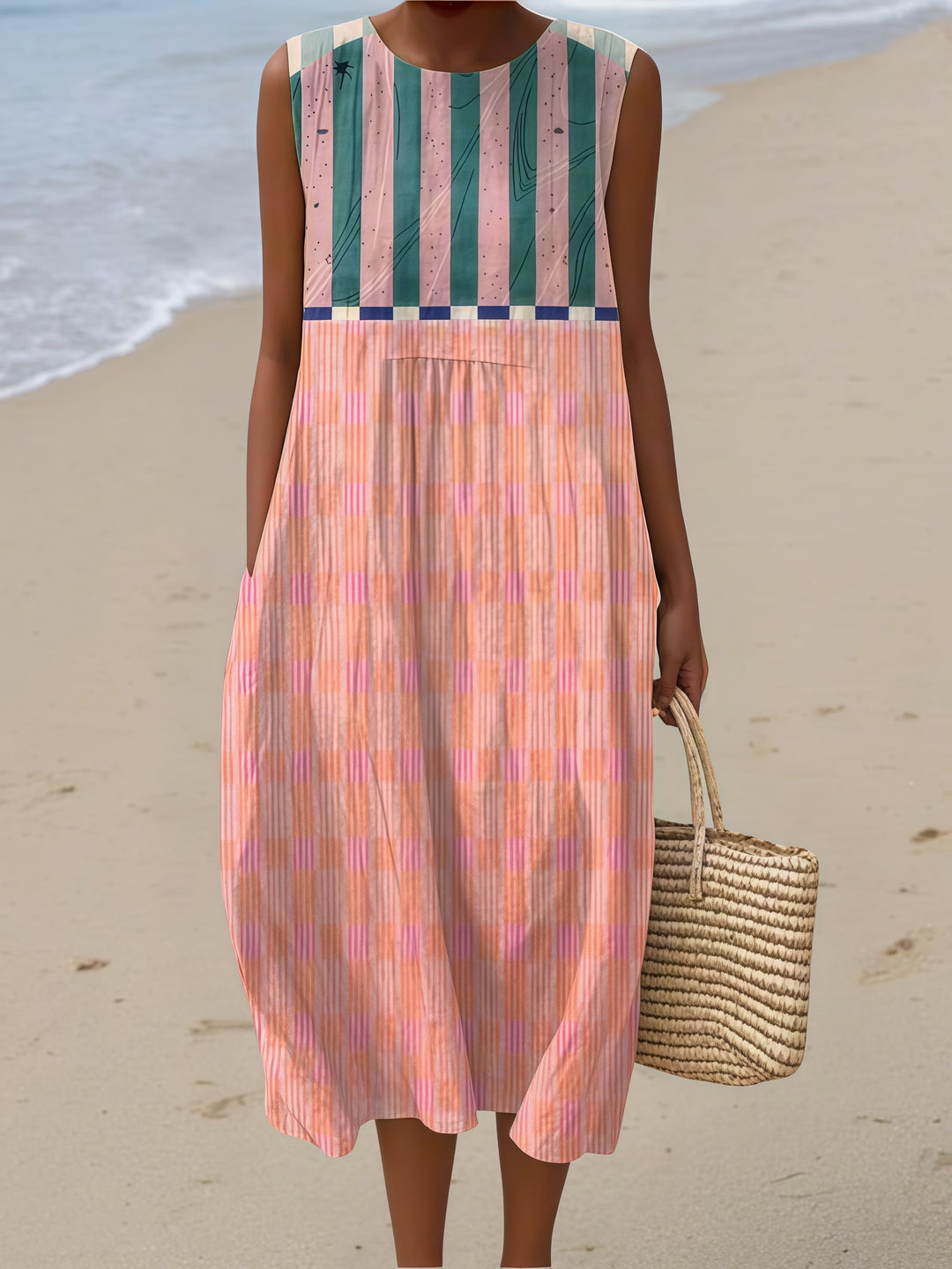 Francesca Sleeveless Summer Dress in coral/green overlay