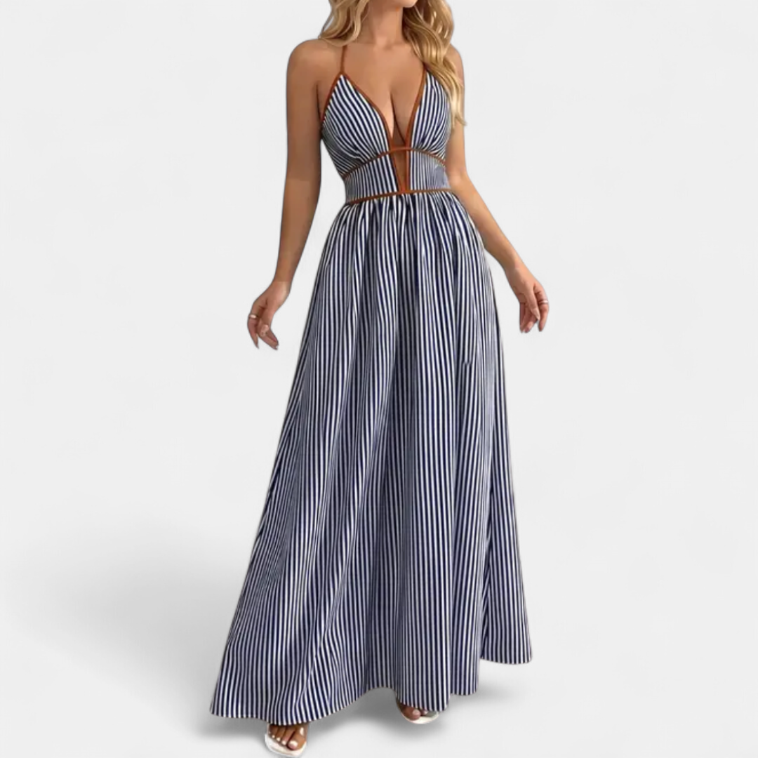 Caspienne Striped V-neck Halter Maxi in navy