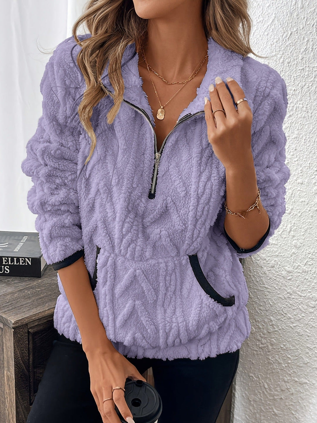 Briella Fuzzy Half-zip Sweatshirt in purple
