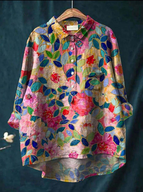 Geela French Vintage Blouse in red/blue leaves