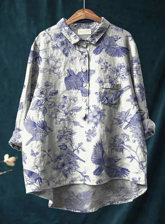 Geela French Vintage Blouse in white/blue bird