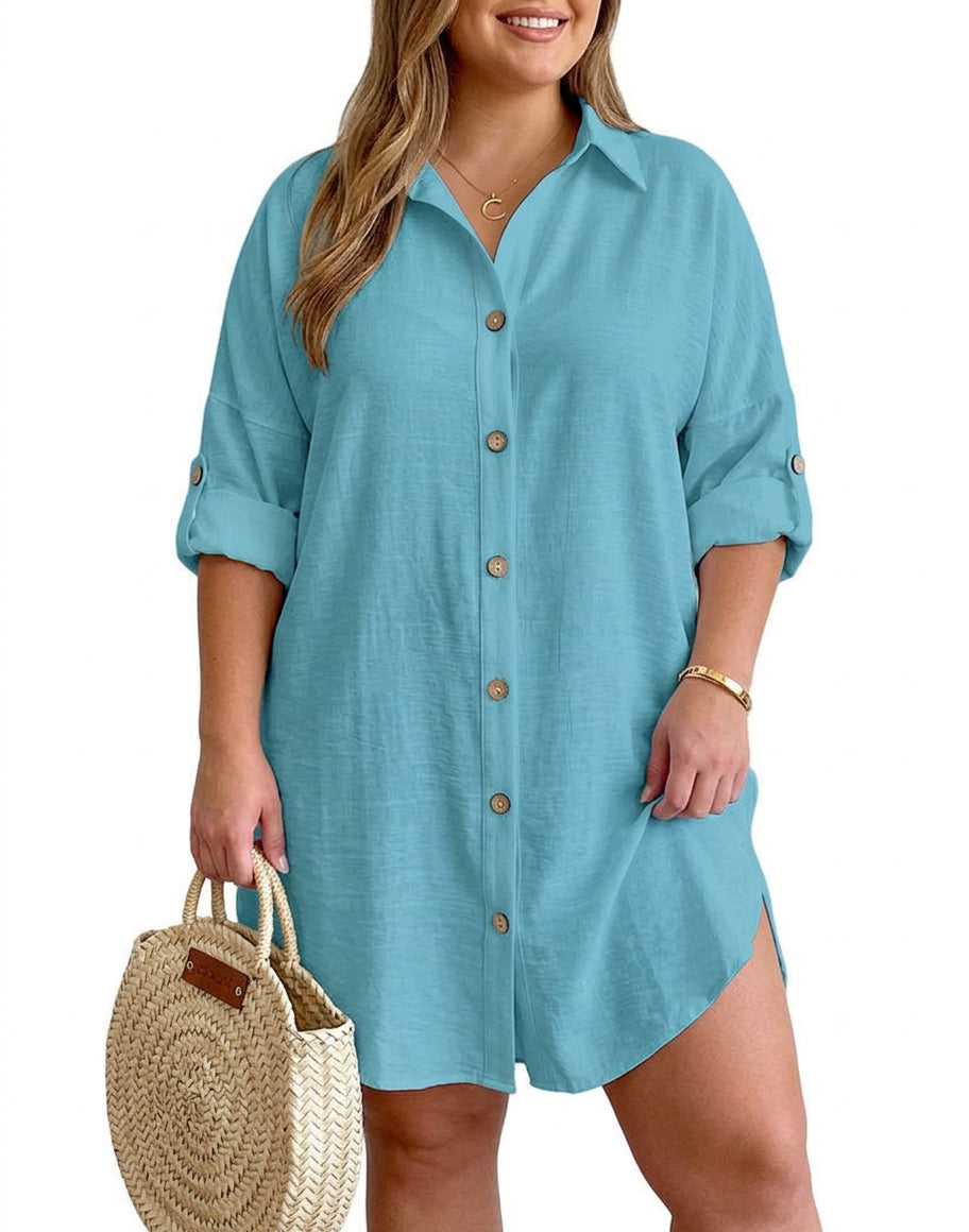 Leona Button-up Shirt Dress in blue green