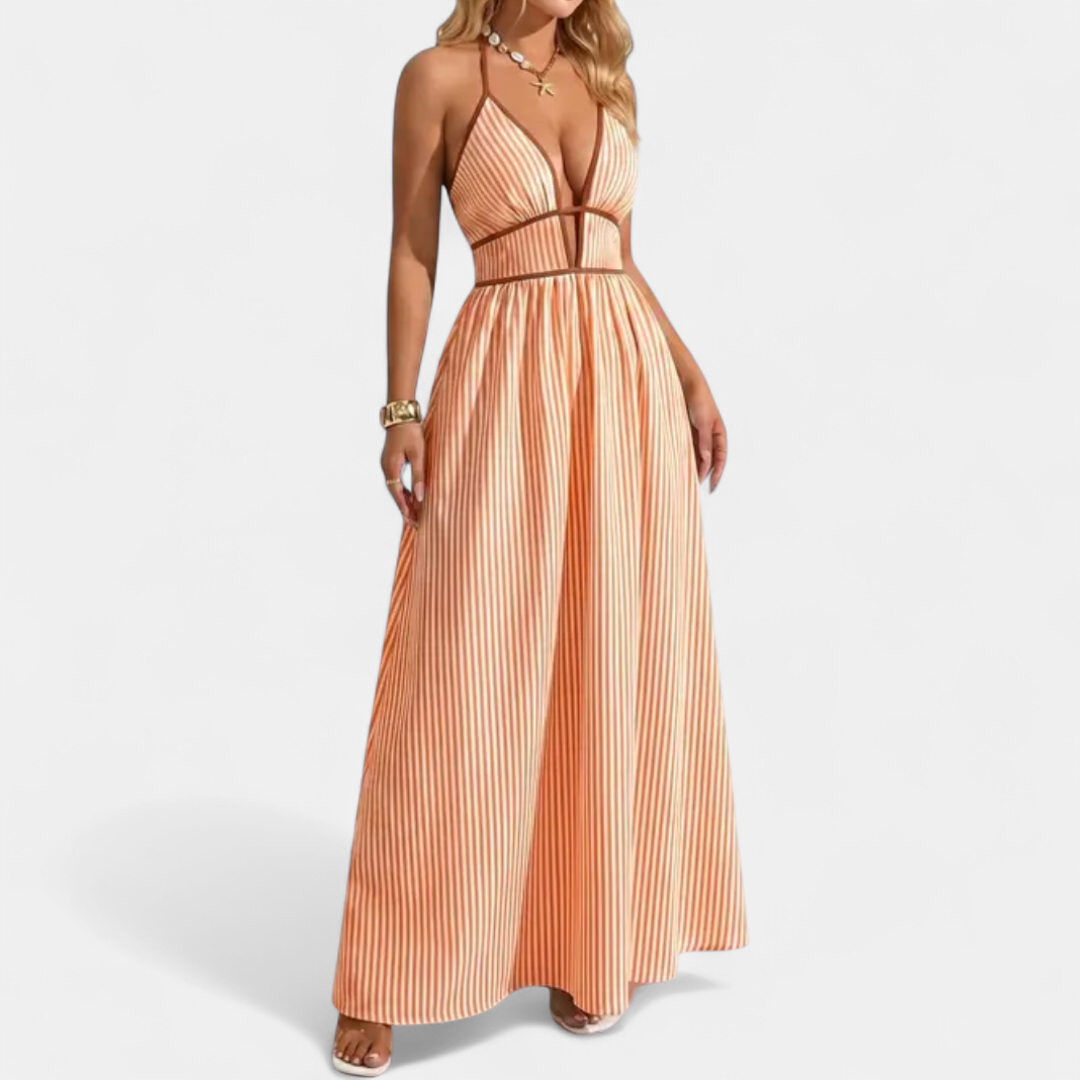 Caspienne Striped V-neck Halter Maxi in orange