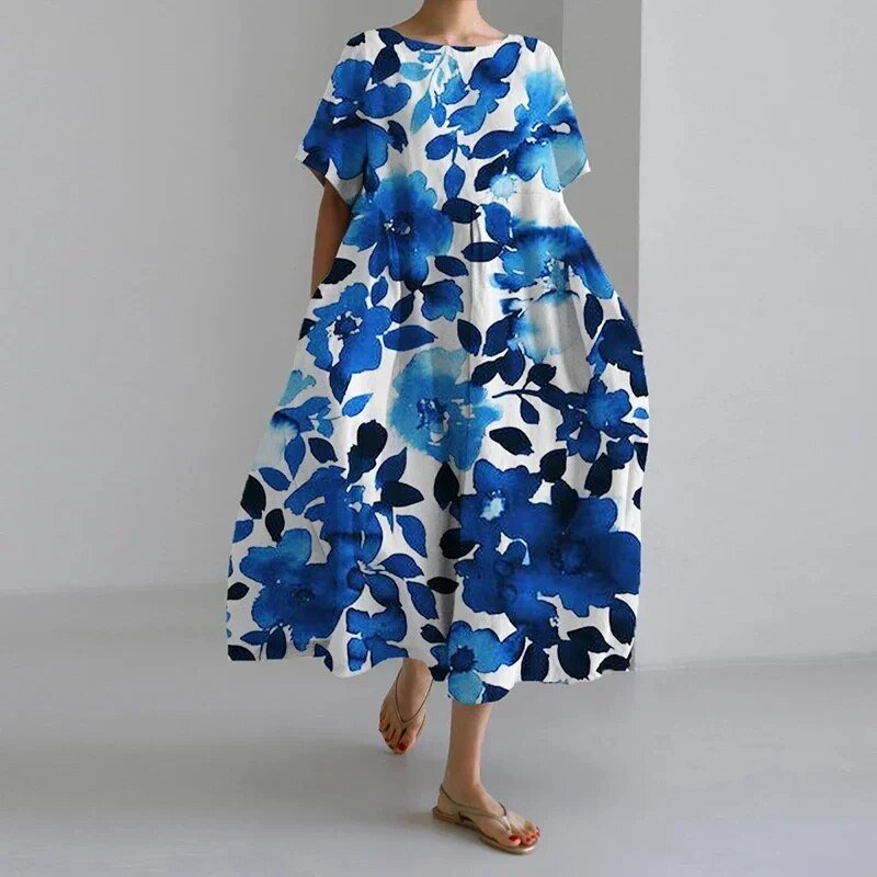 Celia Garden Goddess Dress in white blue flowers