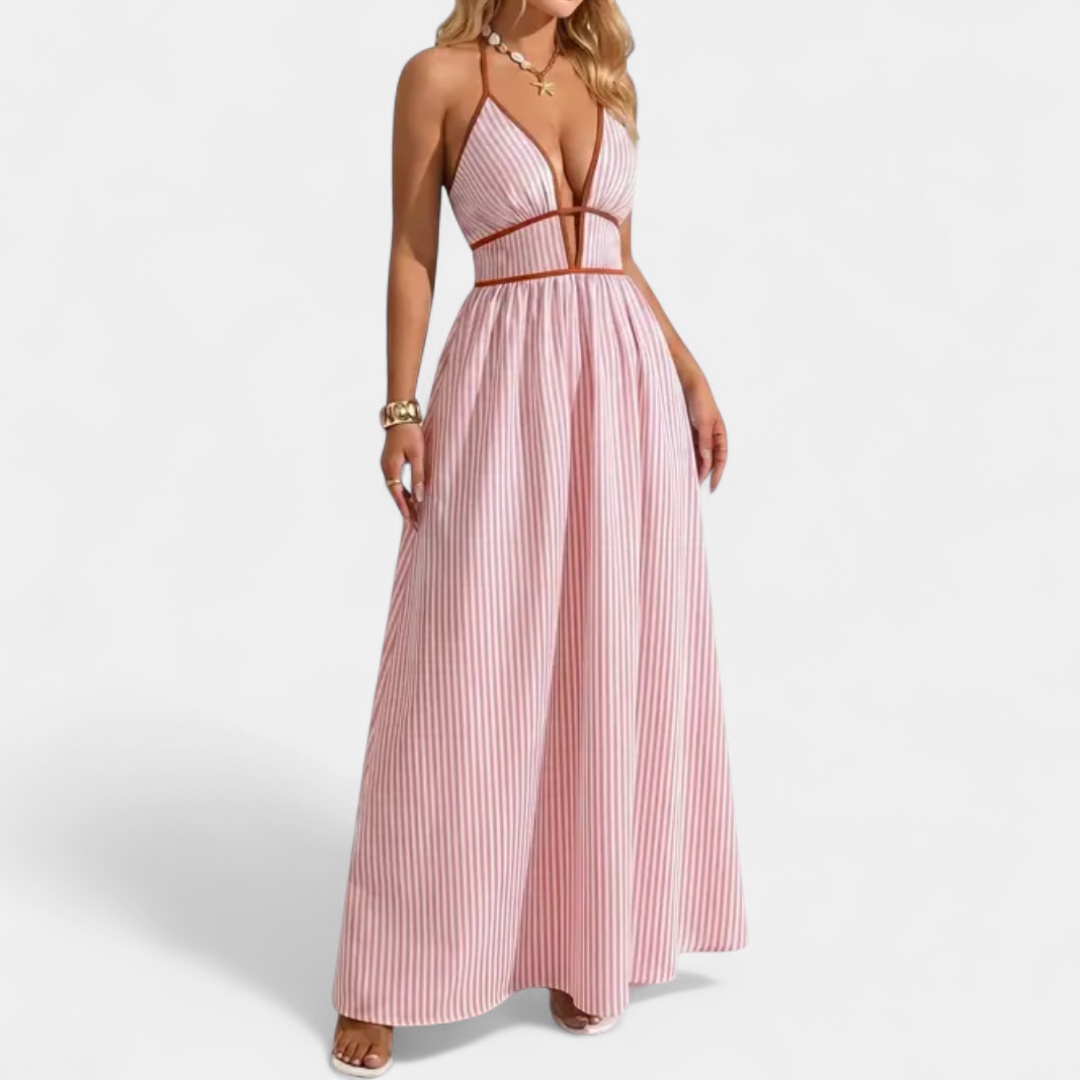 Caspienne Striped V-neck Halter Maxi in pink