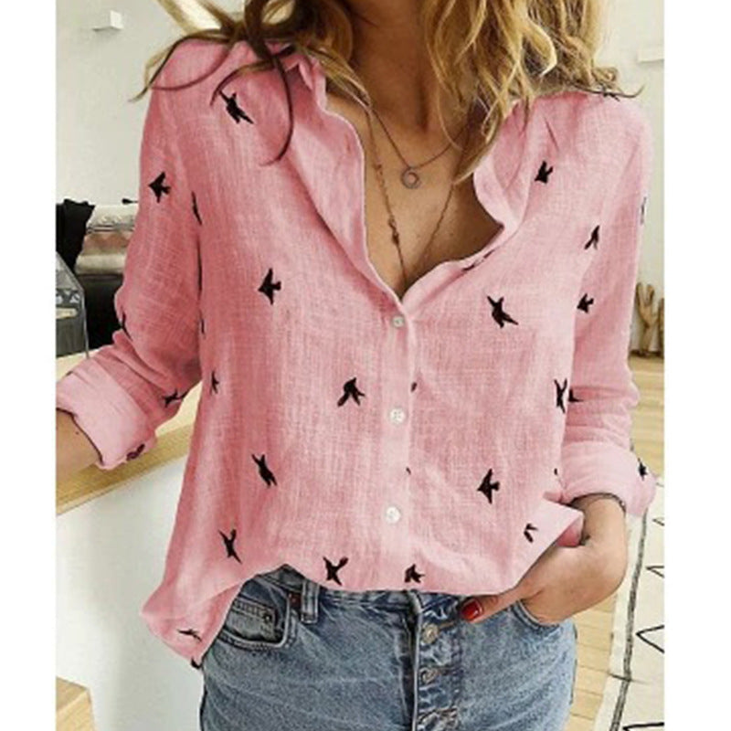 Wren Linen Summer Blouse in pink/birds