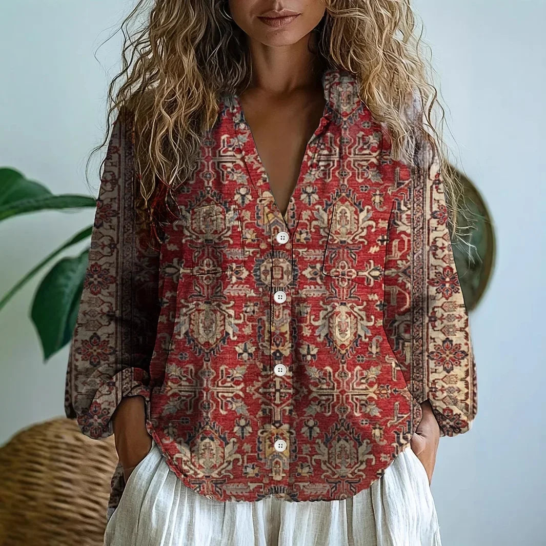 Rosette V-neck Blouse in burgundy